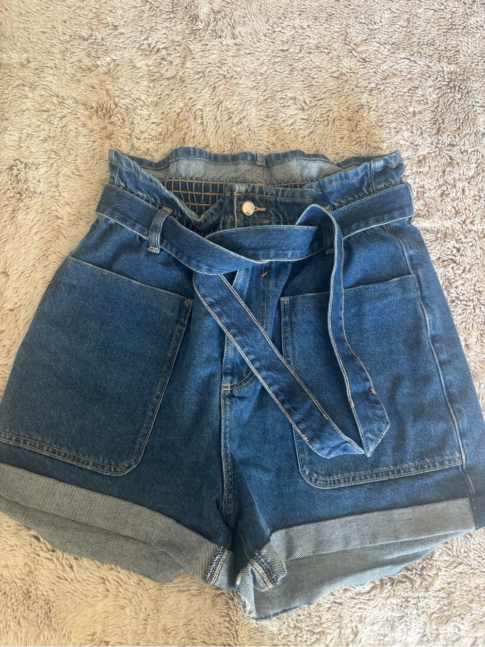 Zara Dark Blue Paperbag Denim Shorts with Tie Belt